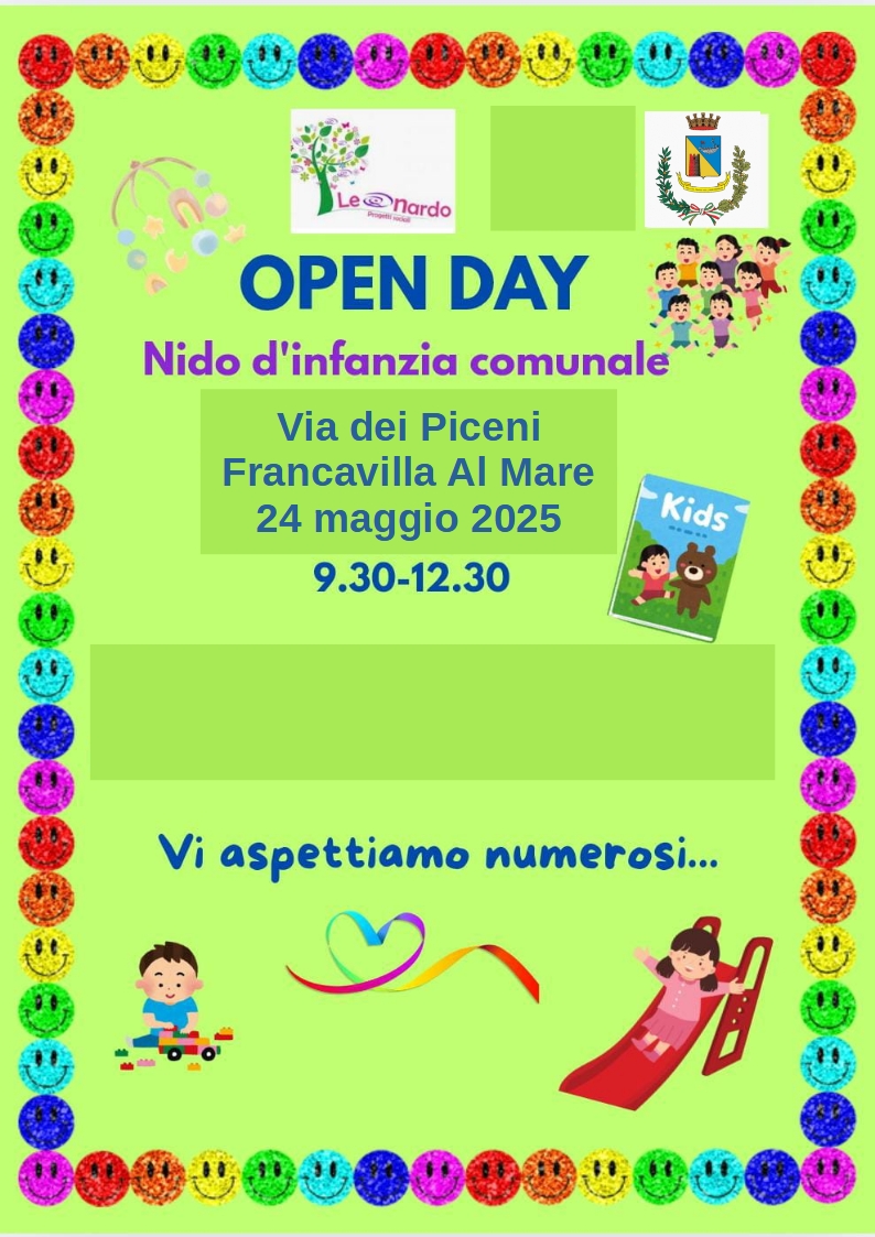 Si comunica che nella giornata di sabato 24 maggio 2025 dalle ore 9:30 alle ore 12:30, l'asilo nido comunale sito in via dei piceni n. 1 organizza un open day dedicato alle famiglie, con la possibilit di visitare i locali ed avere informazioni sulla struttura e sulle attivita' educative.
